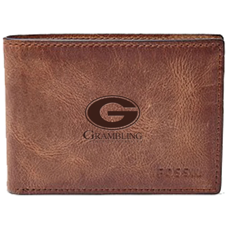Men's Fossil Brown Grambling Tigers Leather Derrick Front Pocket Bi-Fold Wallet