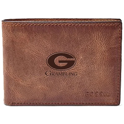 Men's Fossil Brown Grambling Tigers Leather Derrick Front Pocket Bi-Fold Wallet