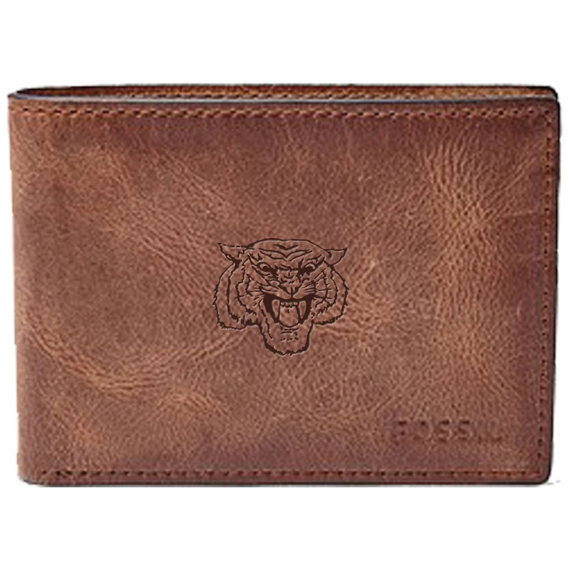 Men's Fossil Brown Morehouse Maroon Tigers Leather Derrick Front Pocket Bi-Fold Wallet