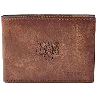 Men's Fossil Brown Morehouse Maroon Tigers Leather Derrick Front Pocket Bi-Fold Wallet