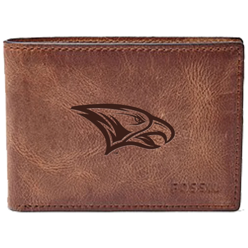 Men's Fossil Brown North Carolina Central Eagles Leather Derrick Front Pocket Bi-Fold Wallet