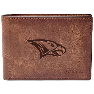 Men's Fossil Brown North Carolina Central Eagles Leather Derrick Front Pocket Bi-Fold Wallet
