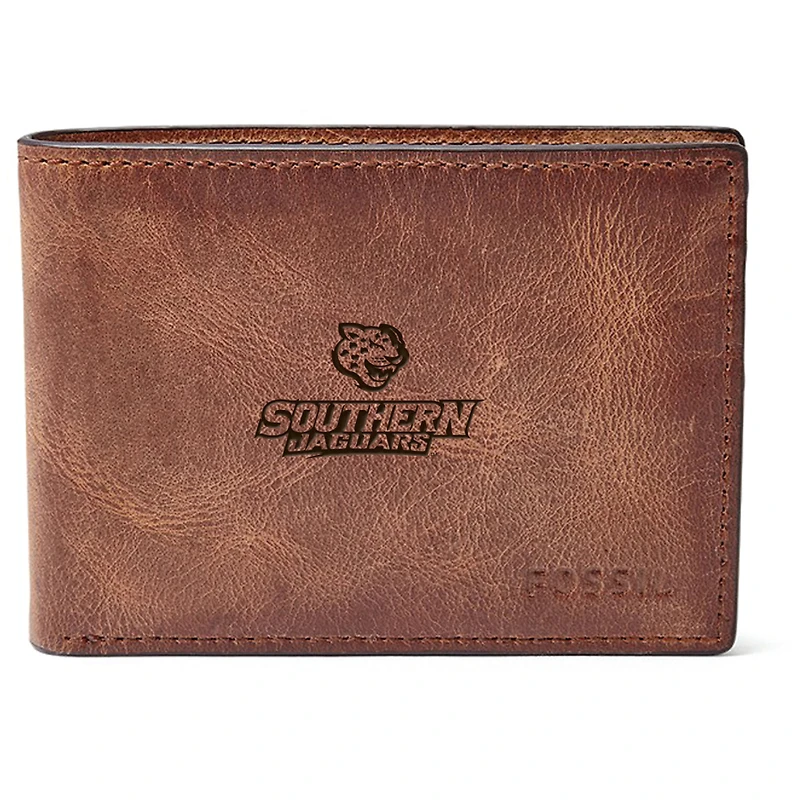 Men's Fossil Brown Southern University Jaguars Leather Derrick Front Pocket Bi-Fold Wallet