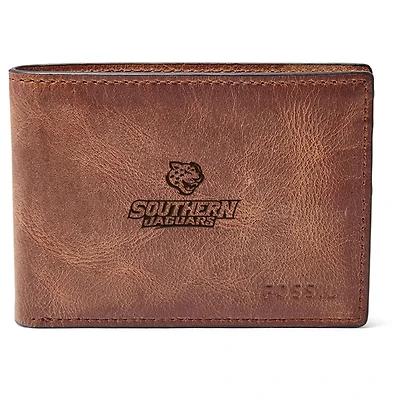 Men's Fossil Brown Southern University Jaguars Leather Derrick Front Pocket Bi-Fold Wallet