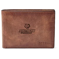 Men's Fossil Brown Southern University Jaguars Leather Derrick Front Pocket Bi-Fold Wallet