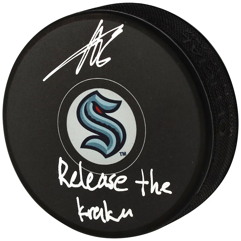 Adam Larsson Seattle Kraken Autographed Hockey Puck with "Release The Kraken" Inscription