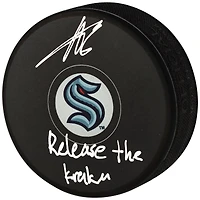 Adam Larsson Seattle Kraken Autographed Hockey Puck with "Release The Kraken" Inscription