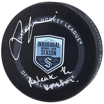 Jamie Oleksiak Seattle Kraken Autographed 2021-22 Inaugural Season Official Game Puck with "Release The Kraken" Inscription