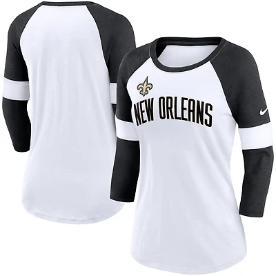 Women's Nike New Orleans Saints White/Heather Black Football Pride Raglan 3/4-Sleeve T-Shirt