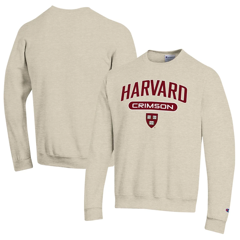 Men's Champion Heathered Oatmeal Harvard Crimson Eco Powerblend Crewneck Sweatshirt