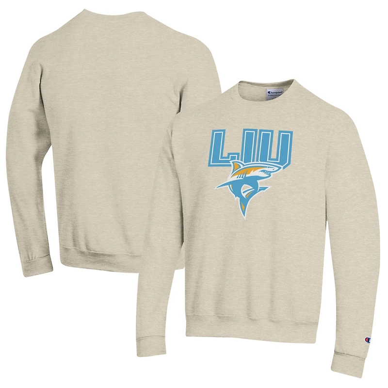 Men's Champion Heathered Oatmeal LIU Sharks Eco Powerblend Crewneck Sweatshirt