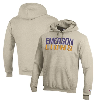 Men's Champion Heathered Oatmeal Emerson College Lions Eco Powerblend Pullover Hoodie