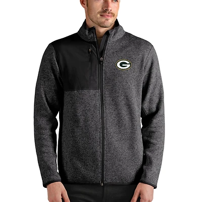 Men's Antigua Heathered Black Green Bay Packers Fortune Full-Zip Jacket