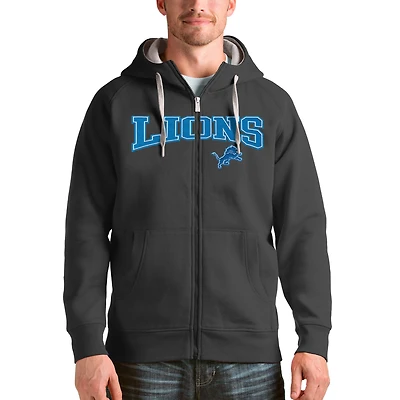 Men's Antigua Charcoal Detroit Lions Wordmark Victory Full-Zip Hoodie