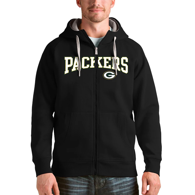 Men's Antigua Black Green Bay Packers Wordmark Victory Full-Zip Hoodie