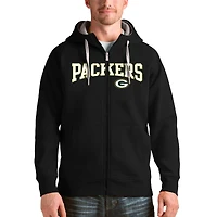 Men's Antigua Black Green Bay Packers Wordmark Victory Full-Zip Hoodie
