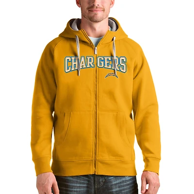 Men's Antigua Gold Los Angeles Chargers Wordmark Victory Full-Zip Hoodie