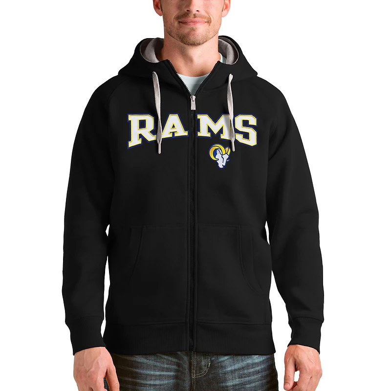 Men's Antigua Black Los Angeles Rams Wordmark Victory Full-Zip Hoodie