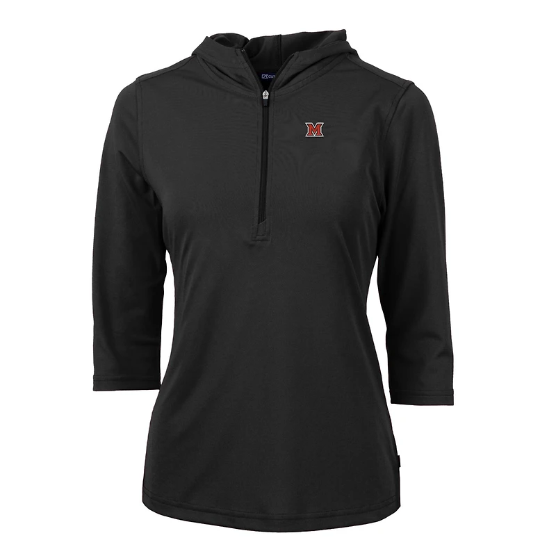Women's Cutter & Buck Black Miami University RedHawks Virtue Eco Pique Half-Zip 3/4 Sleeve Pullover Hoodie