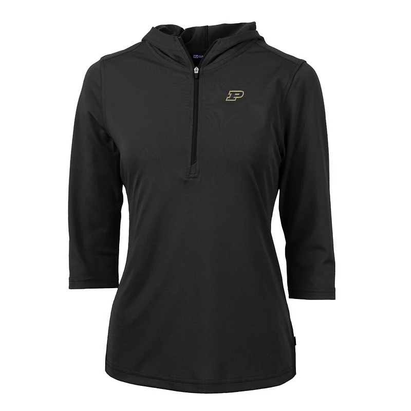 Women's Cutter & Buck Black Purdue Boilermakers Virtue Eco Pique Half-Zip 3/4 Sleeve Pullover Hoodie