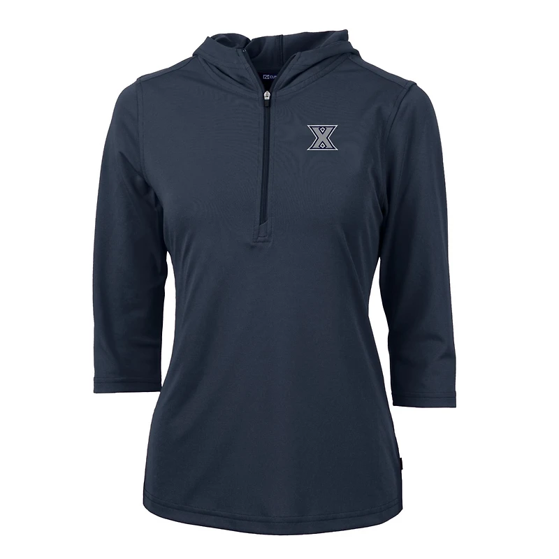 Women's Cutter & Buck Navy Xavier Musketeers Virtue Eco Pique Half-Zip 3/4 Sleeve Pullover Hoodie