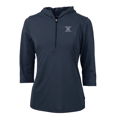 Women's Cutter & Buck Navy Xavier Musketeers Virtue Eco Pique Half-Zip 3/4 Sleeve Pullover Hoodie