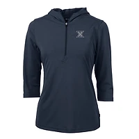 Women's Cutter & Buck Navy Xavier Musketeers Virtue Eco Pique Half-Zip 3/4 Sleeve Pullover Hoodie