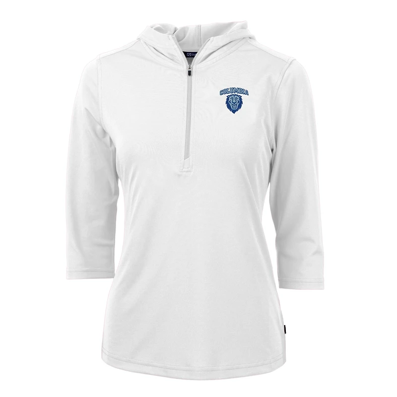 Women's Cutter & Buck White Columbia University Virtue Eco Pique Half-Zip 3/4 Sleeve Pullover Hoodie