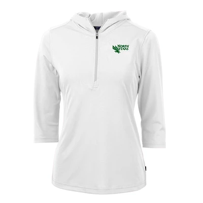 Women's Cutter & Buck White North Texas Mean Green Virtue Eco Pique Half-Zip 3/4 Sleeve Pullover Hoodie