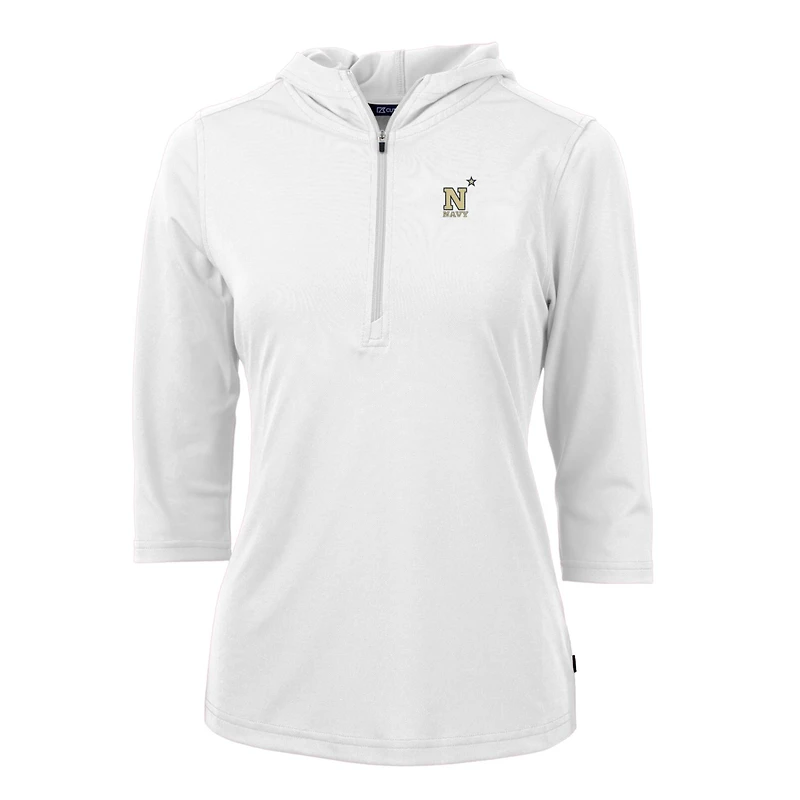 Women's Cutter & Buck White Navy Midshipmen Virtue Eco Pique Half-Zip 3/4 Sleeve Pullover Hoodie