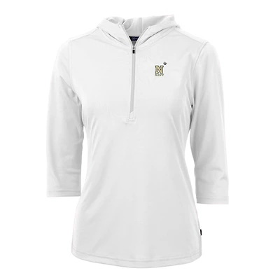 Women's Cutter & Buck White Navy Midshipmen Virtue Eco Pique Half-Zip 3/4 Sleeve Pullover Hoodie