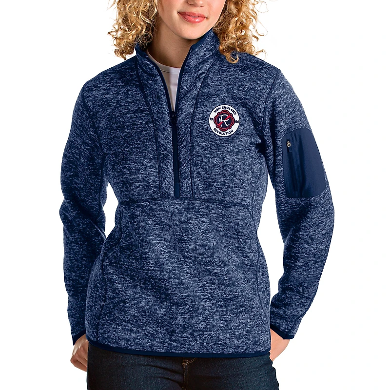 Women's Antigua Heathered Navy New England Revolution Logo Fortune Quarter-Zip Pullover Jacket