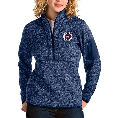 Women's Antigua Heathered Navy New England Revolution Logo Fortune Quarter-Zip Pullover Jacket