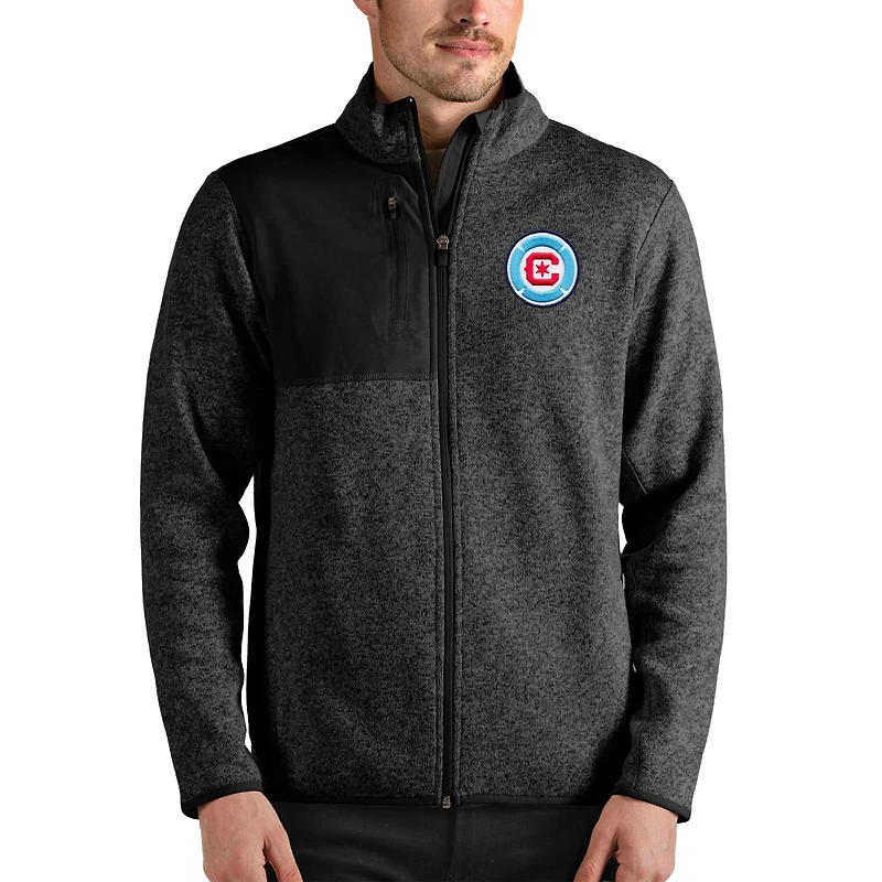 Men's Antigua Heathered Black Chicago Fire Fortune Full-Zip Jacket