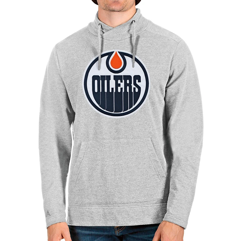 Men's Antigua Heathered Gray Edmonton Oilers Reward Crossover Neckline Pullover Sweatshirt