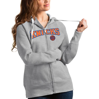 Women's Antigua Heathered Gray New York Knicks Team Victory Full-Zip Hoodie