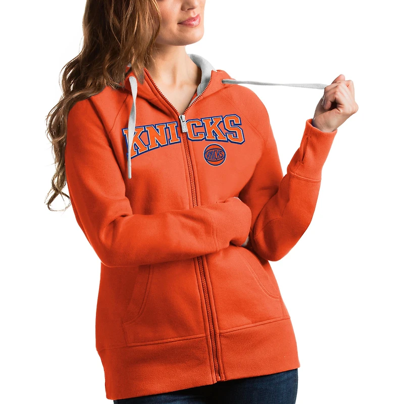 Women's Antigua Orange New York Knicks Team Victory Full-Zip Hoodie