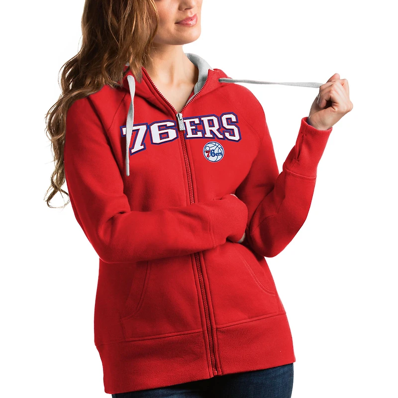 Women's Antigua Red Philadelphia 76ers Team Victory Full-Zip Hoodie