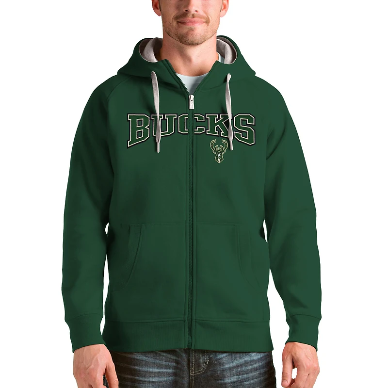 Men's Antigua Hunter Green Milwaukee Bucks Team Victory Full-Zip Hoodie