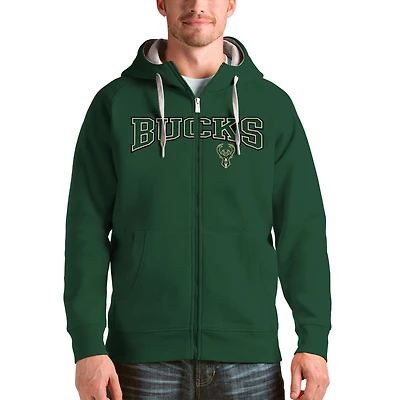 Men's Antigua Hunter Green Milwaukee Bucks Team Victory Full-Zip Hoodie