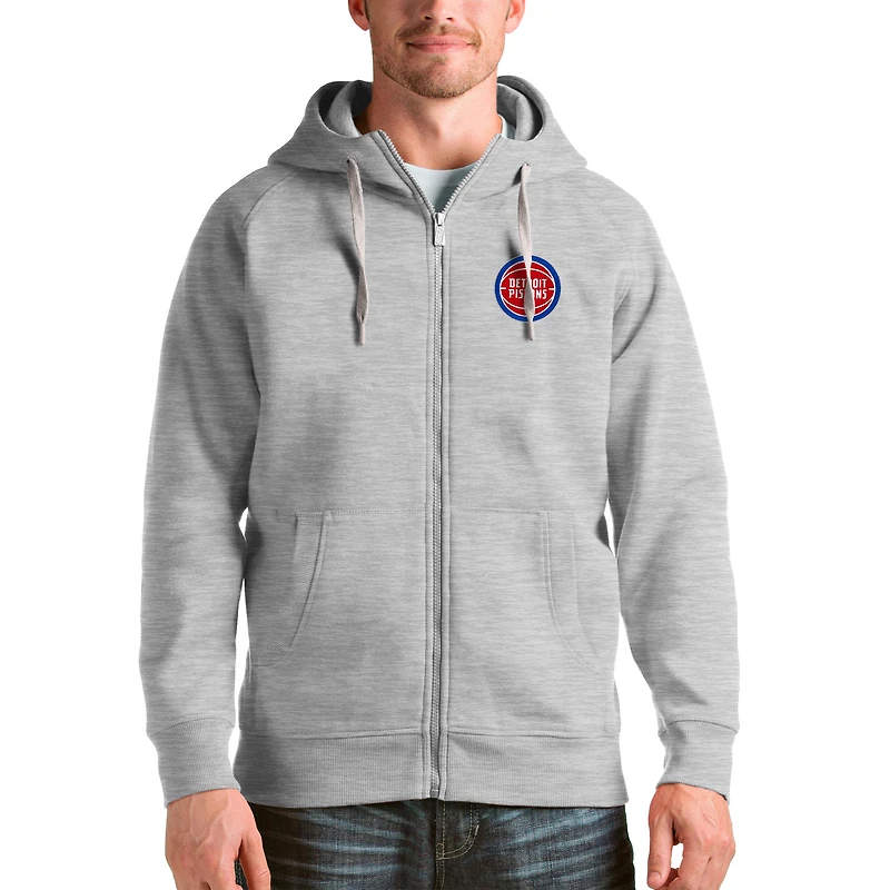 Men's Antigua Heathered Gray Detroit Pistons Logo Victory Full-Zip Hoodie
