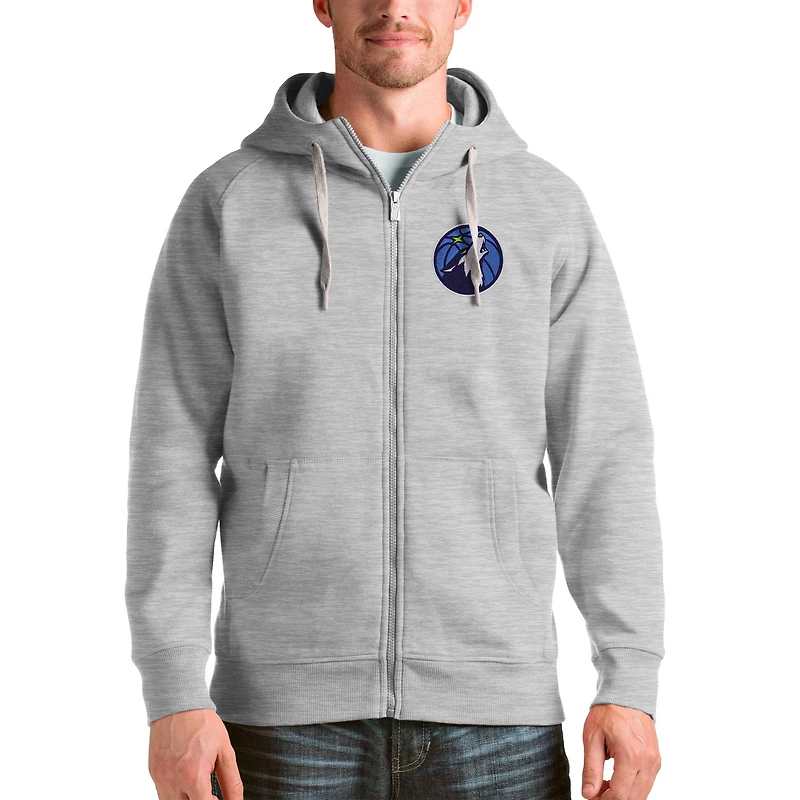 Men's Antigua Heathered Gray Minnesota Timberwolves Logo Victory Full-Zip Hoodie