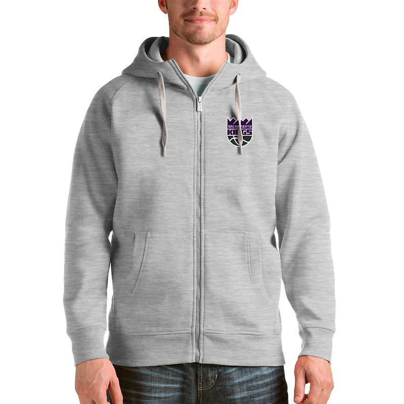 Men's Antigua Heathered Gray Sacramento Kings Logo Victory Full-Zip Hoodie
