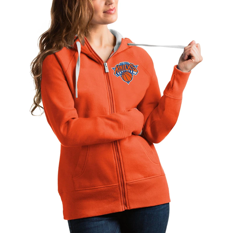 Women's Antigua Orange New York Knicks Victory Full-Zip Hoodie
