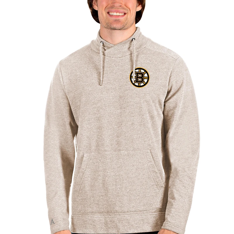 Men's Antigua Oatmeal Boston Bruins Team Reward Crossover Neckline Pullover Sweatshirt