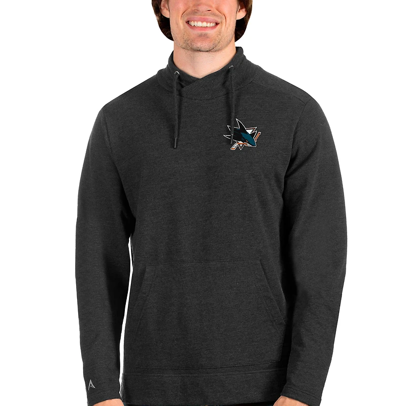 Men's Antigua Heathered Black San Jose Sharks Team Reward Crossover Neckline Pullover Sweatshirt