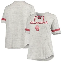 Women's Heathered Gray Oklahoma Sooners Plus Size Lace-Up V-Neck T-Shirt