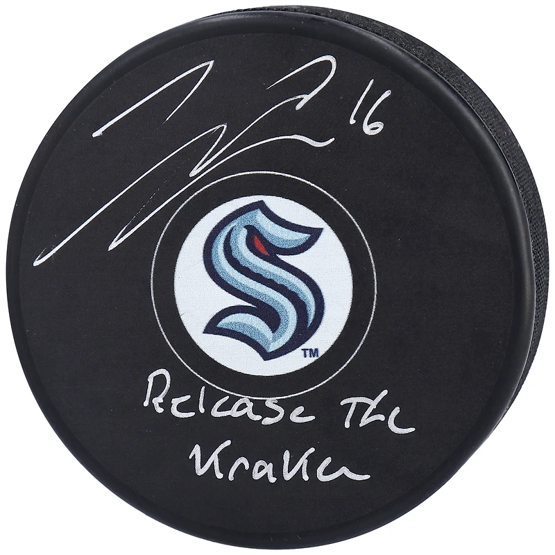 Jared McCann Seattle Kraken Autographed Hockey Puck with "Release The Kraken" Inscription