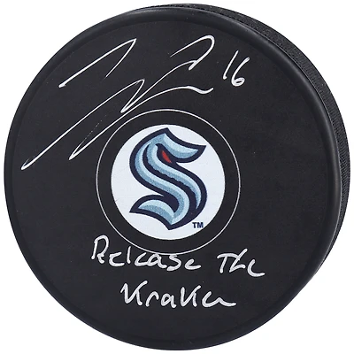 Jared McCann Seattle Kraken Autographed Hockey Puck with "Release The Kraken" Inscription