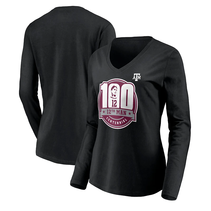 Women's Black Texas A&M Aggies 12th Man Centennial Long Sleeve V-Neck T-Shirt